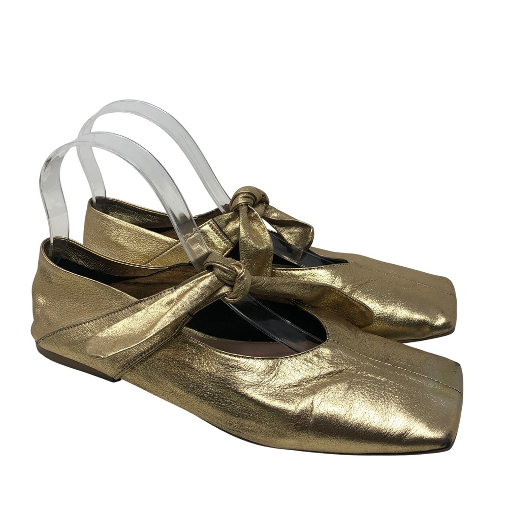 Vicenza Ballet Flats 8 Womens Gold Metallic Square Toe Knotted Strap Leather